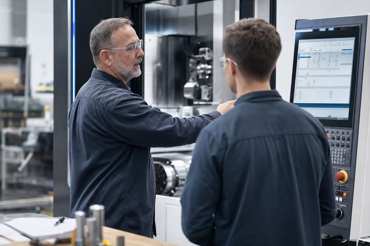 Engineer reviewing production data at a CNC machine
